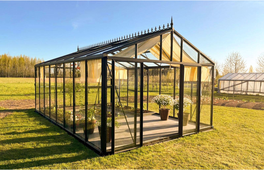 Serre en verre Helios Master - Couleur de l'aluminium : noir - Décorations faîtières non incluses