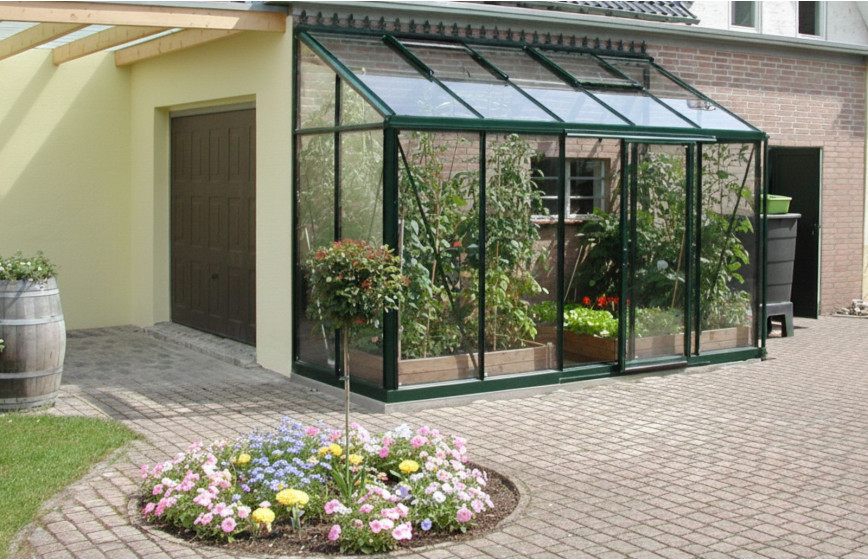 Serre en verre Arcadia - Couleur de l'aluminium : vert - Décorations faîtières non incluses