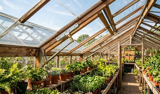 amenager-serre-jardin-verre_1.jpg : Étagères de plantes en pot dans une serre en verre traditionnelle au toit ouvrant