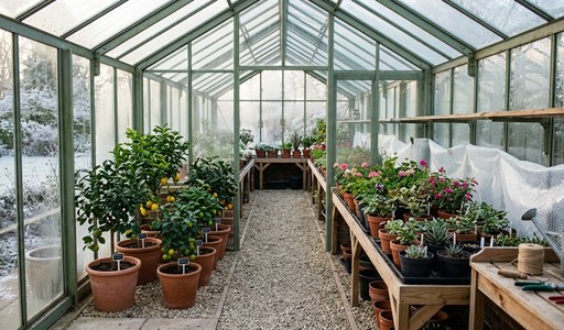 amenager-serre-jardin-verre_2.jpg : Serre en verre aménagée avec agrumes en pot et jardinière de fleurs en hiver