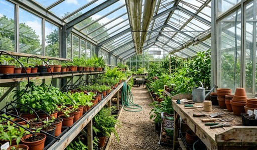 Allée centrale d'une serre en verre bordée d'étagères de plantes et d'un établi de rempotage