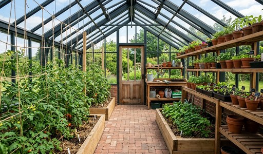 amenager-serre-jardin-verre_4.jpg : Serre en verre aménagée avec rangées de tomates, allée en briques et espace de rempotage