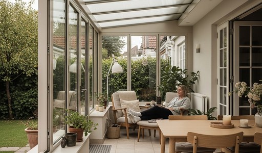 Véranda aménagée en salle à manger lumineuse avec vue sur le jardin