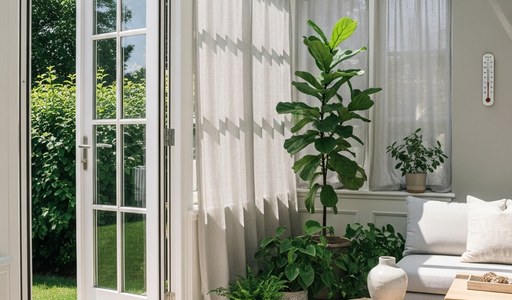 Véranda aménagée en salon cosy avec plantes et canapé