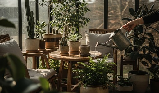 Coin plantes vertes dans une véranda avec arrosage