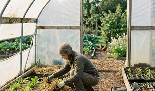 Jardinière installant de la paille autour de jeunes plants de salade dans une serre tunnel, à côté d'un arrosoir