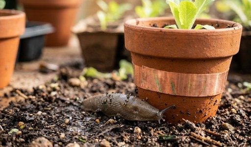 Limace s'approchant d'un pot en terre cuite entouré d'une bande de cuivre, avec un jeune plant de salade
