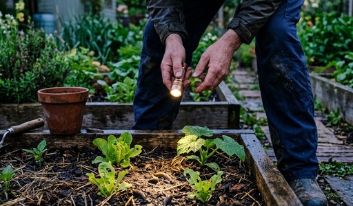 Jardinier inspectant le soir avec une lampe de poche un carré potager à la recherche de limaces