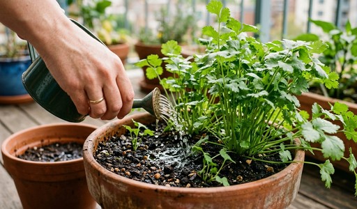 Main arrosant au petit arrosoir de jeunes plants de coriandre en pot sur un balcon
