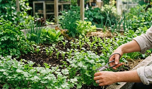 Jardinière coupant aux ciseaux des feuilles de coriandre dans un carré potager