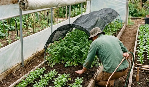 Jardinier arrosant au jet de jeunes rangs de coriandre sous serre tunnel avec voile d'ombrage