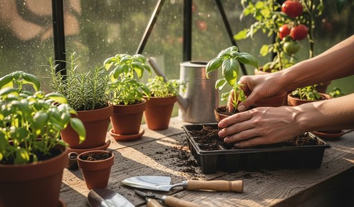 Semis de plantes aromatiques et tomates cultivés sous serre de jardin