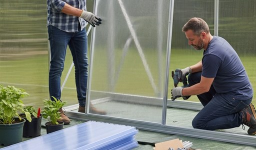 Installation de panneaux polycarbonate sur une serre de jardin