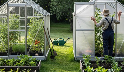 Comparatif entre une serre en verre et une serre en polycarbonate dans un jardin