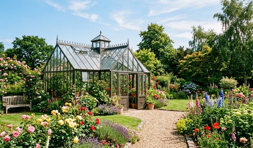 Serre en verre traditionnelle installée au milieu d'un jardin fleuri avec allée en gravier