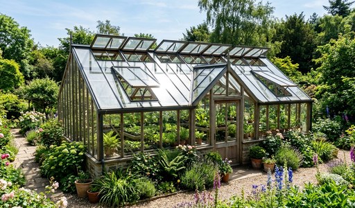 Serre en verre avec toit ouvrant entourée de massifs de fleurs et d'arbustes