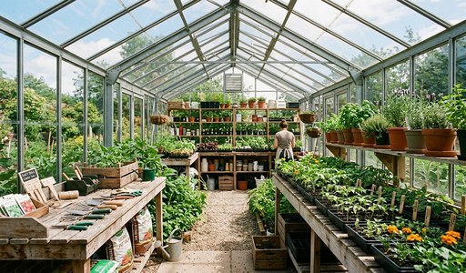 Intérieur d'une serre en verre aménagé en espace de rempotage avec étagères et outils