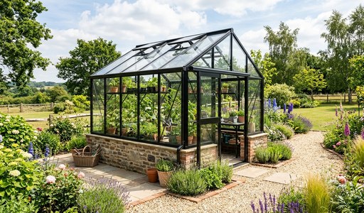 Serre en verre moderne à structure noire installée dans un jardin champêtre
