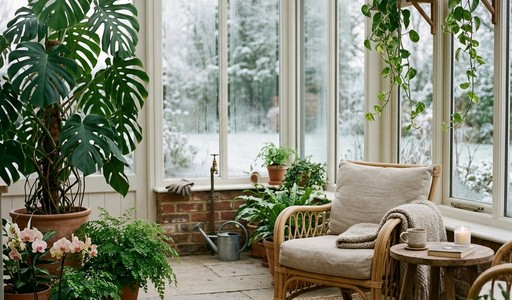 Coin salon dans une véranda jardin d'hiver, fauteuil en rotin entouré de plantes vertes devant un jardin enneigé