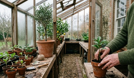 Jardinier rempotant un jeune agrume dans une serre en bois entourée d'oliviers et de semis sur des établis
