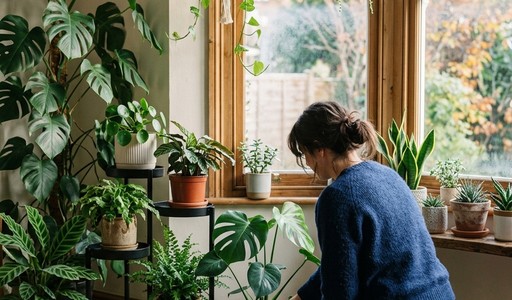 Jardinière agenouillée devant une fenêtre entourée de plantes suspendues et de grandes plantes vertes en pot
