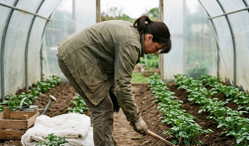 Jardinière binant la terre entre des rangs de plants de pommes de terre sous serre tunnel