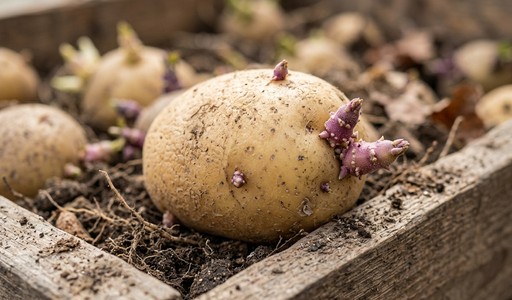 Pomme de terre germée aux yeux violets posée dans une caisse en bois avant plantation