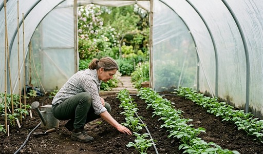 Jardinière agenouillée inspectant de jeunes rangs de pommes de terre sous serre tunnel