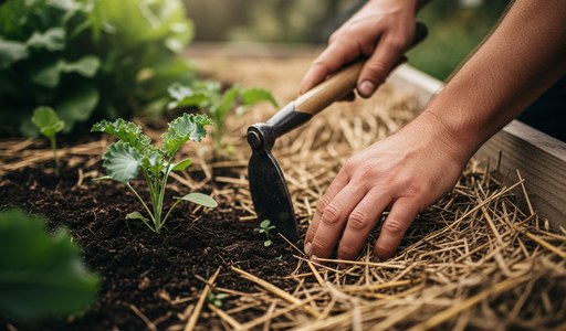 Désherbage manuel d'un potager avec un outil de jardin
