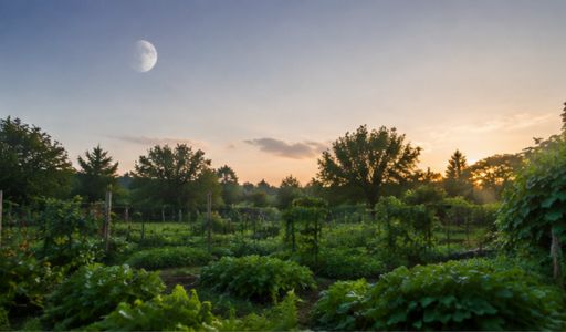 Potager avec la lune visible au-dessus des cultures