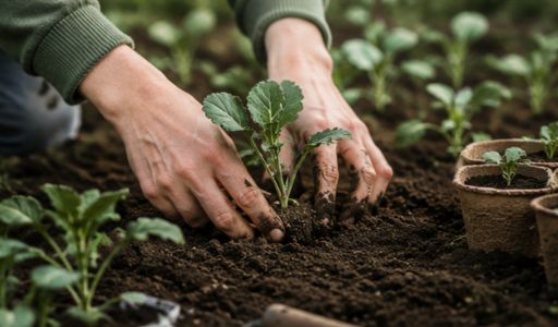 Jardinier qui plante un jeune plant de légume au potager