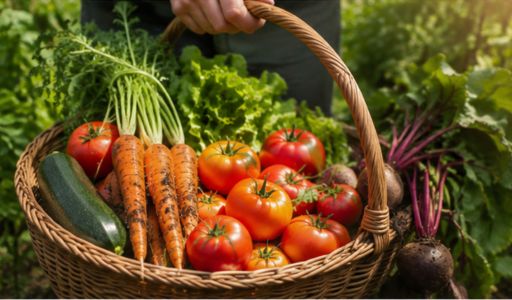 Panier de légumes fraîchement récoltés au potager