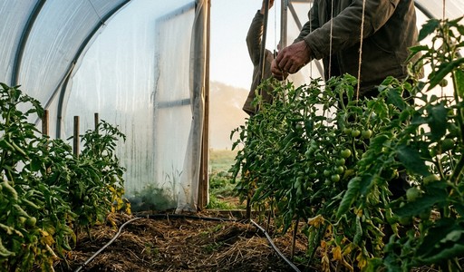 Rangée de plants de tomates palissés sous serre tunnel au lever du jour