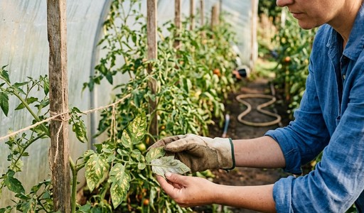 Jardinière examinant une feuille de tomate tachetée par le mildiou sous serre