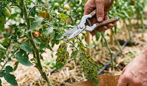 Jardinier coupant au sécateur une feuille de tomate atteinte de mildiou au-dessus d'un sac en papier