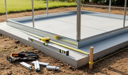 Fondations et embase aluminium prêtes pour le montage d'une serre en verre
