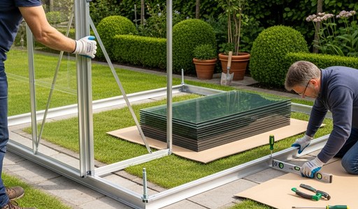 Montage d'une serre en verre par deux personnes dans un jardin