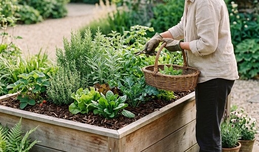 Jardinière récoltant des herbes aromatiques et des salades dans un carré potager en bois entouré de pots en terre cuite