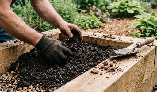 Mains gantées mélangeant la terre au-dessus d'une couche de graviers dans un carré potager en bois, avec une truelle posée sur le bord