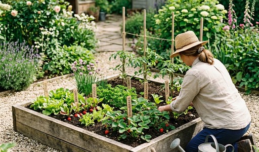 Jardinière à genoux près d'un carré potager en bois planté de salades, radis et tomates tuteurées, avec étiquettes et arrosoir