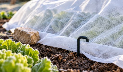 Voile d'hivernage maintenu au sol par une pierre et un piquet, au-dessus d'un rang de salades