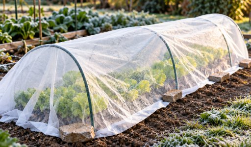 Tunnel de voile d'hivernage installé sur une rangée de salades au potager, maintenu par des pierres