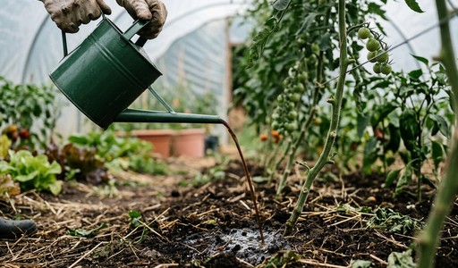 Arrosage au pied d'un plant de tomate sous tunnel avec un arrosoir vert, sur un sol paillé