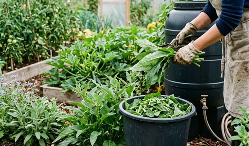 Jardinière coupant des feuilles de consoude au sécateur au-dessus d'un seau, près d'un récupérateur d'eau de pluie