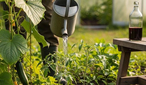 Arrosage des plants de tomates et concombres avec un fortifiant naturel