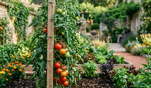 Plant de tomate chargé de fruits attaché à un tuteur en bois dans un potager paillé, devant une maison en pierre