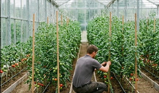 Jardinier accroupi entre deux rangs de tomates tuteurées sous une grande serre en verre, avec goutte-à-goutte au sol