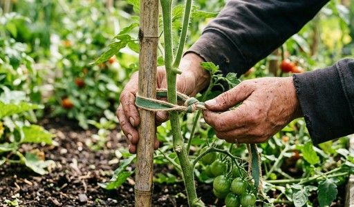 Mains attachant une tige de tomate à un tuteur en bambou avec un lien souple, en laissant un peu de mou